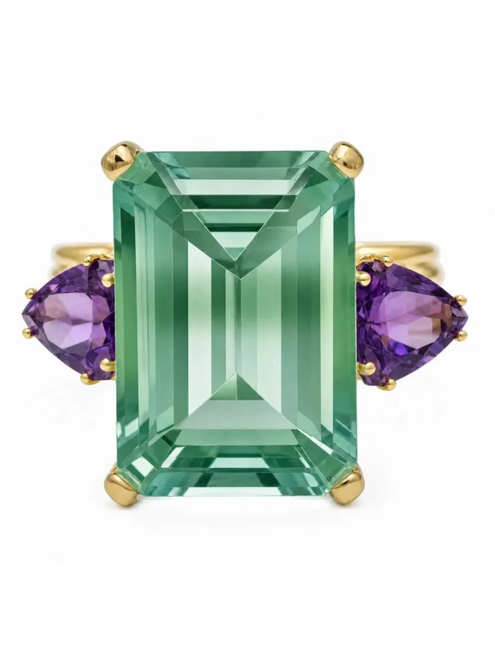 Genuine 10.05 Cts Green Fluorite & Amethyst Ring Solid 10k Gold